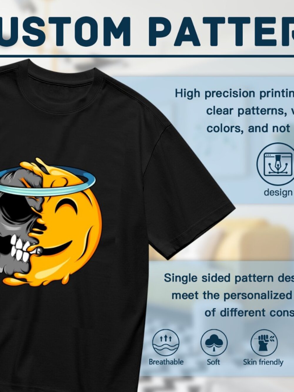 Black Short Sleeve Graphic Tee with Split Skull & Smiley Design - Picture 2 of 5